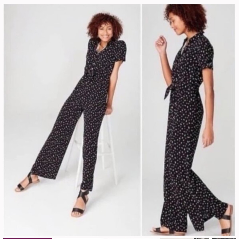 J Jill Black floral wide leg jumpsuit slits hem with Red and White Accents sz M